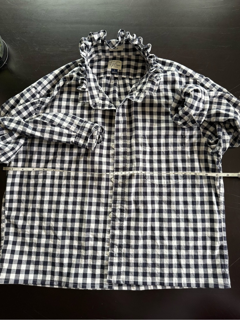 One of a kind up cycled dress shirt with ruffle collar